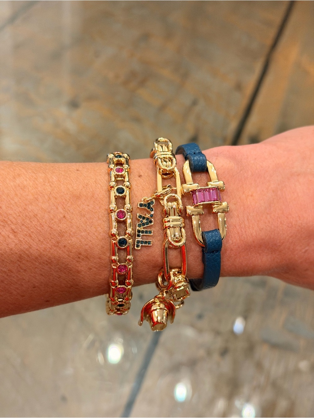 Bomb Party NWT “Southern Charm” Gold-Tone Bracelets Navy Leather Accent! - Picture 7 of 12